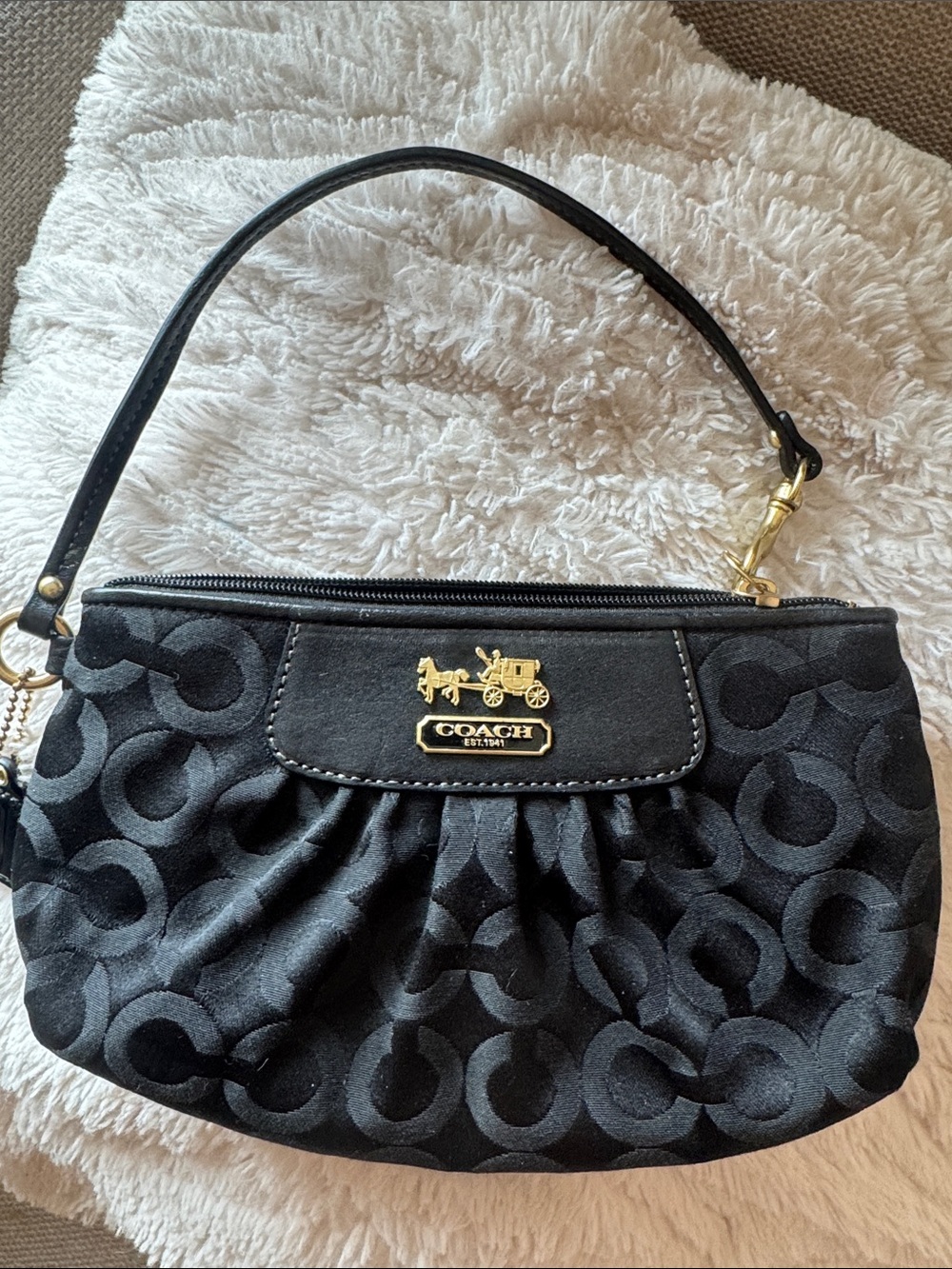 Coach Black Signature Jacquard Pleated Wristlet with Gold Hardware